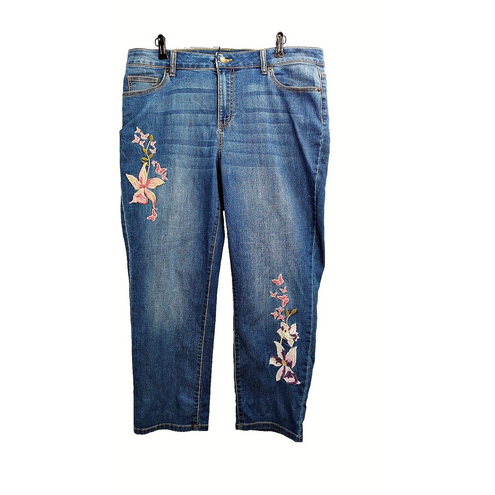 Westport Boho Butterfly Floral Skinny Mid Rise Plus16W Capri Pant Womens Blue
